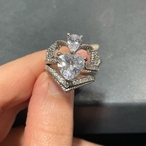 Crown Heart Silver Statement Ring set - Picture 1 of 17